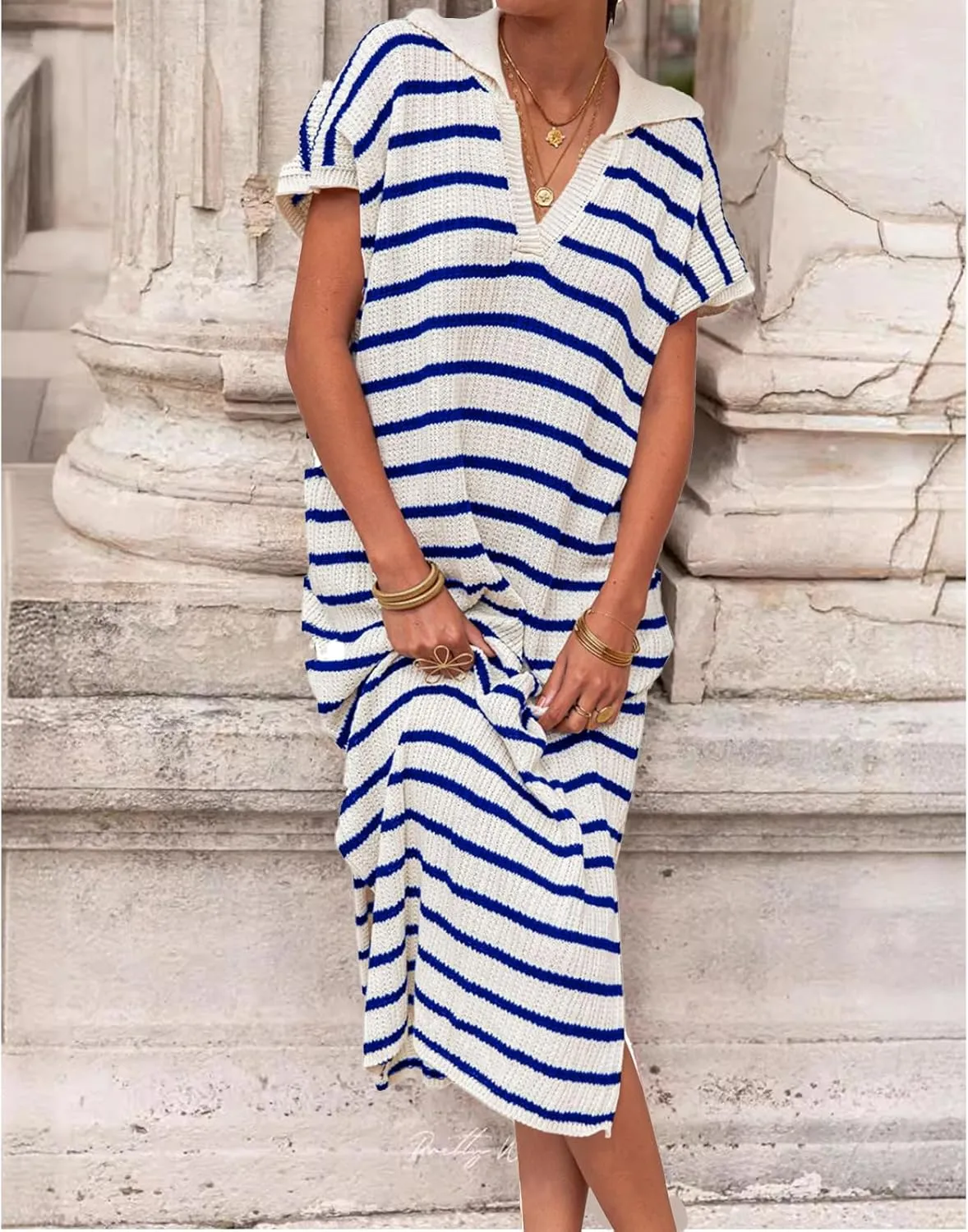 Womens Striped Dresses Short Sleeve V Neck Knit Collared Sexy Slit Loose Maxi Summer Sweater Dress Vacation