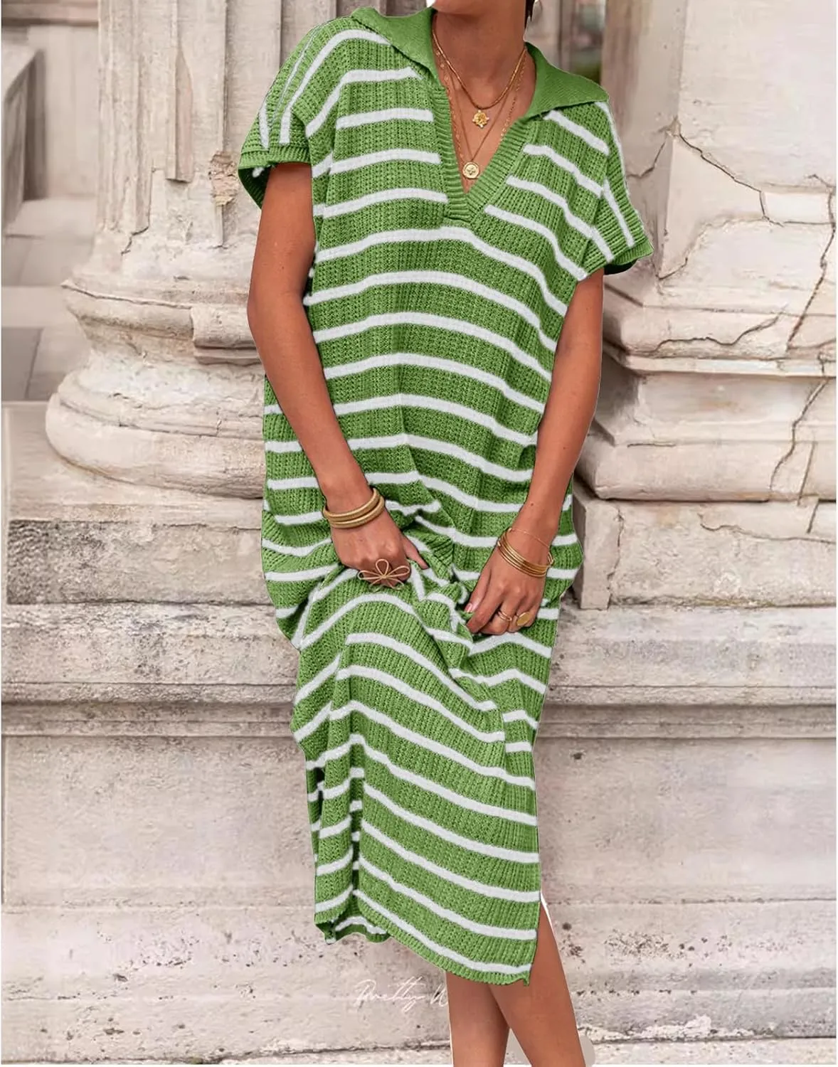 Womens Striped Dresses Short Sleeve V Neck Knit Collared Sexy Slit Loose Maxi Summer Sweater Dress Vacation