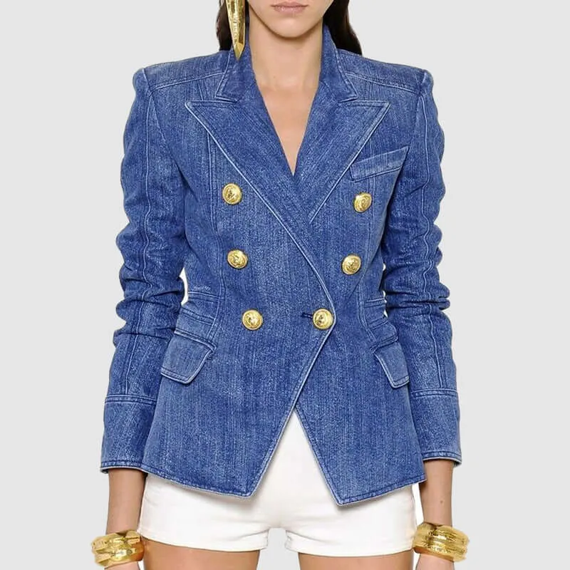 Women's Summer Denim Blazer with Gold Buttons