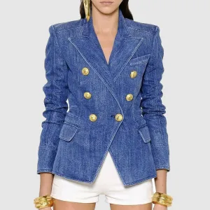 Women's Summer Denim Blazer with Gold Buttons