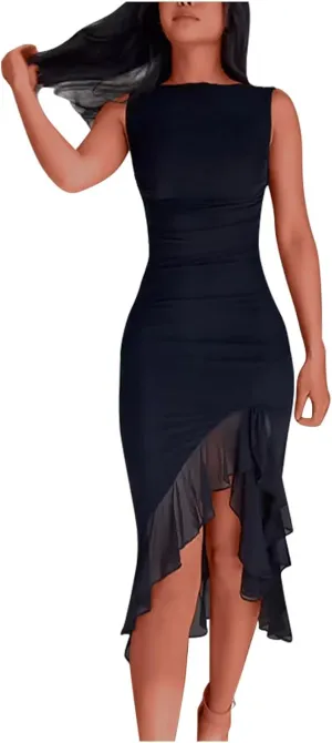 Women's Summer Midi Bodycon Dress Casual Slim Fit Sleeveless Ruffle Hem Cocktail Dresses Elegant Tank Dress