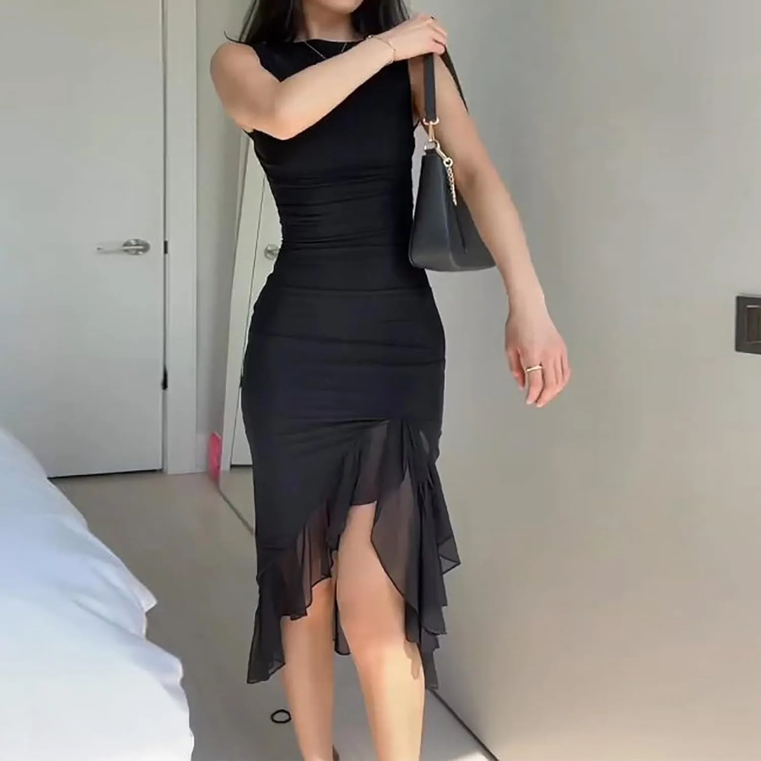 Women's Summer Midi Bodycon Dress Casual Slim Fit Sleeveless Ruffle Hem Cocktail Dresses Elegant Tank Dress