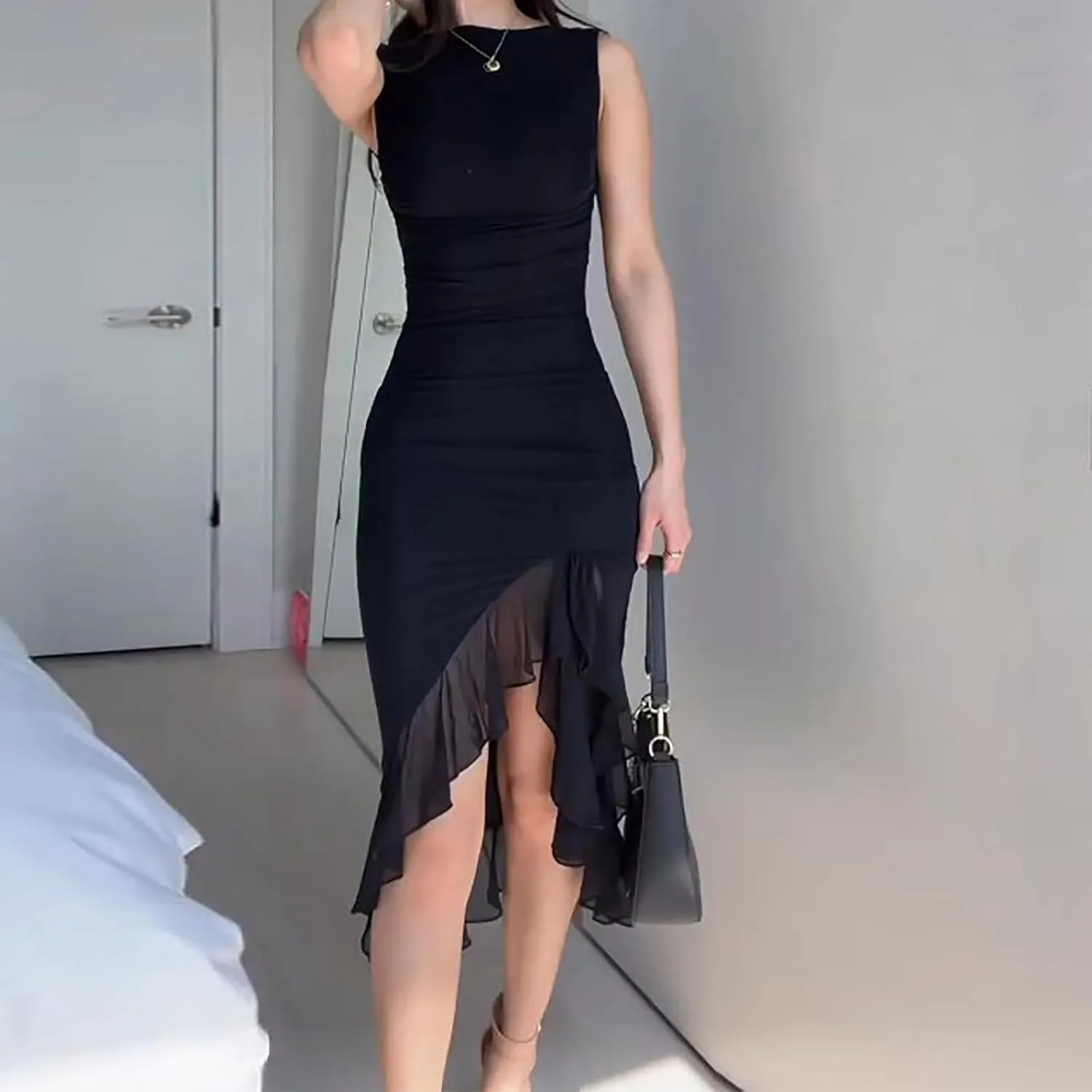 Women's Summer Midi Bodycon Dress Casual Slim Fit Sleeveless Ruffle Hem Cocktail Dresses Elegant Tank Dress