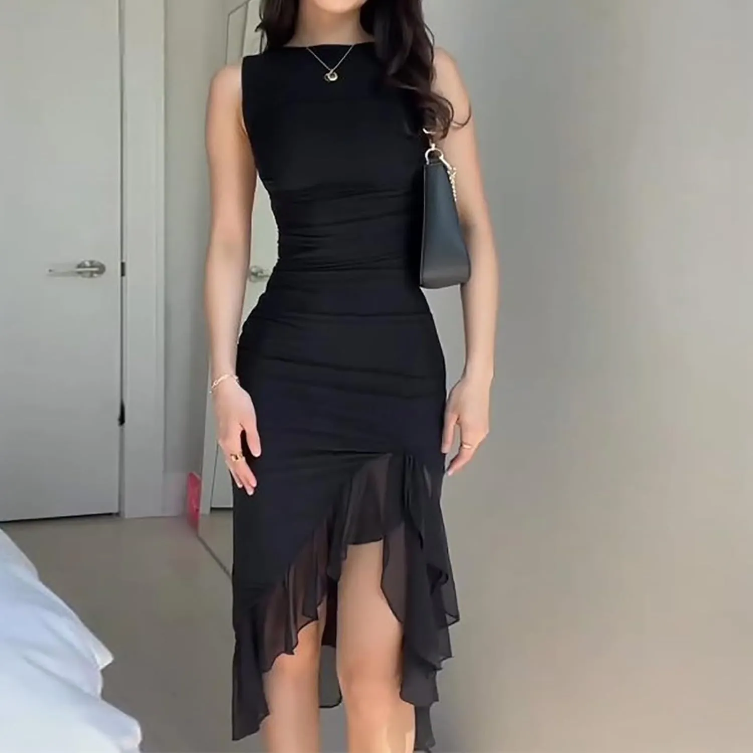 Women's Summer Midi Bodycon Dress Casual Slim Fit Sleeveless Ruffle Hem Cocktail Dresses Elegant Tank Dress