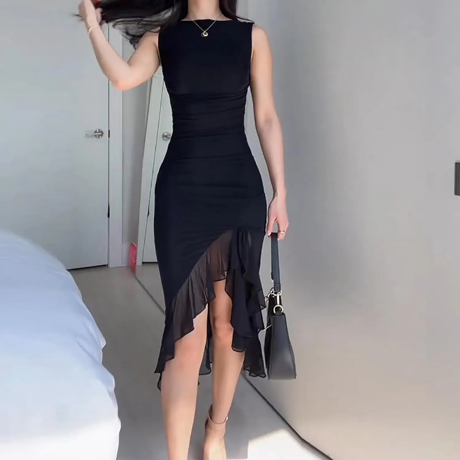 Women's Summer Midi Bodycon Dress Casual Slim Fit Sleeveless Ruffle Hem Cocktail Dresses Elegant Tank Dress