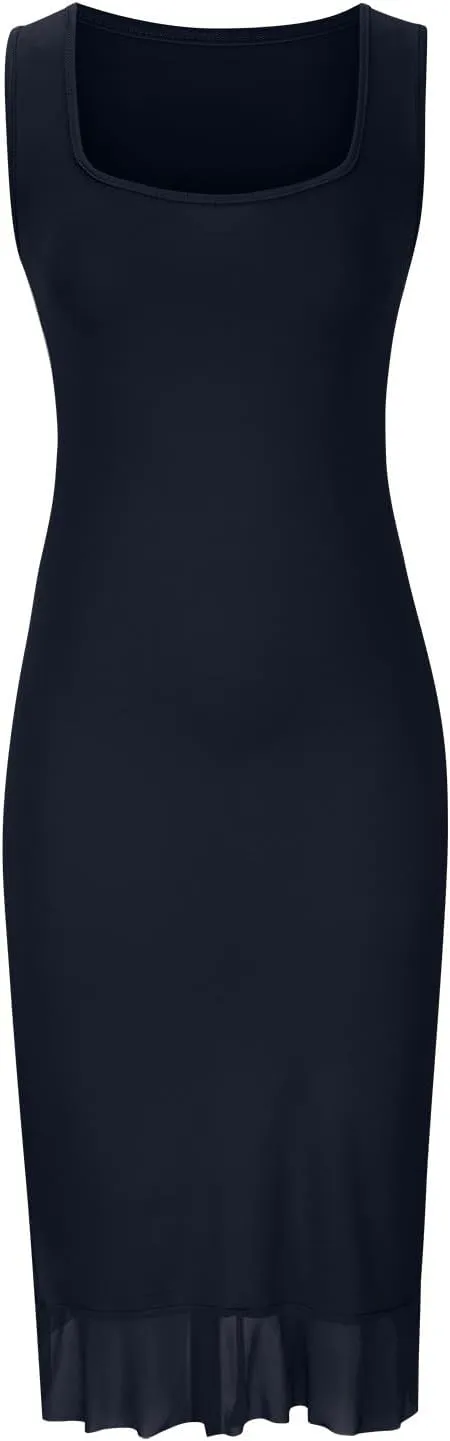 Women's Summer Midi Bodycon Dress Casual Slim Fit Sleeveless Ruffle Hem Cocktail Dresses Elegant Tank Dress