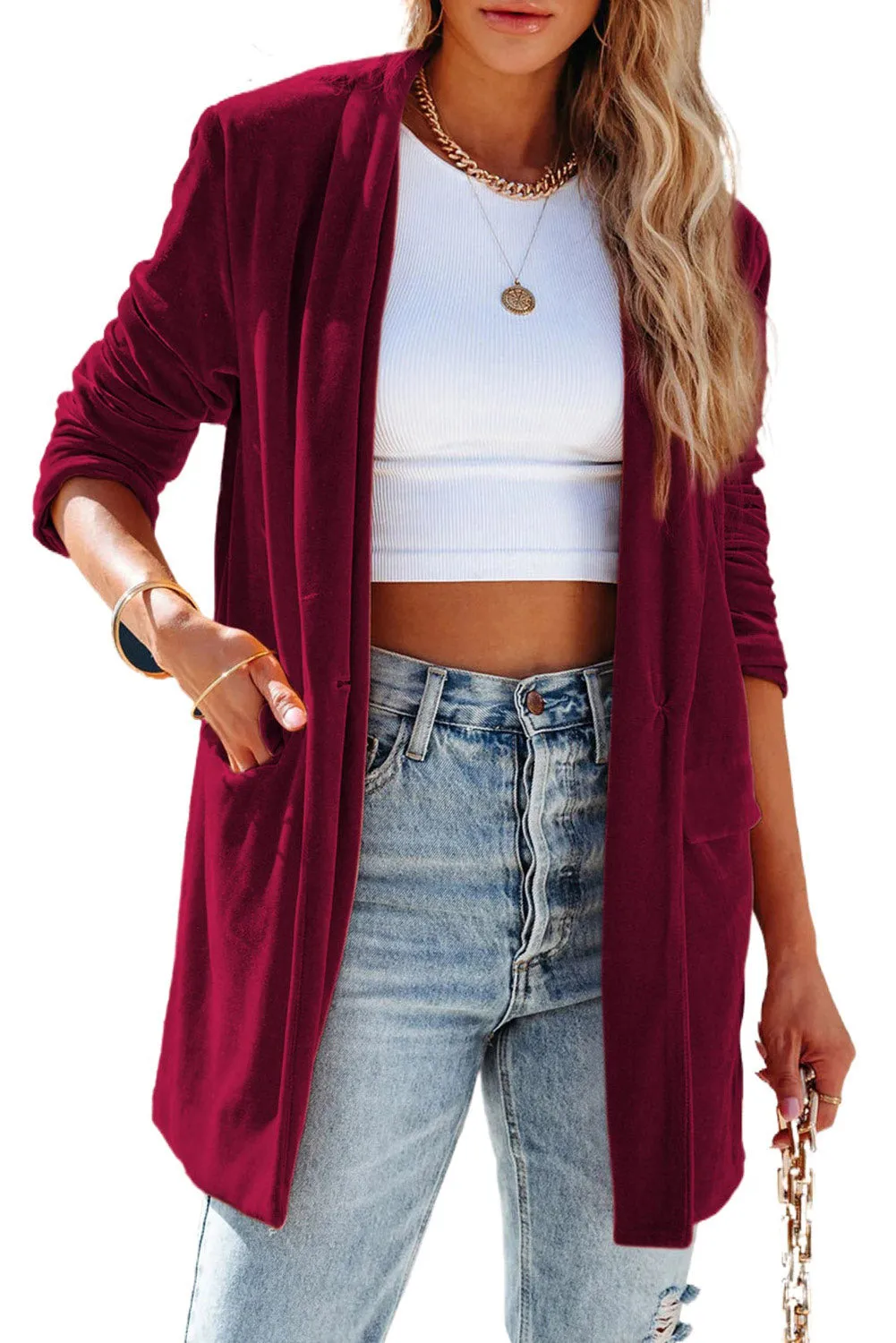 Women's Velvet Blazer Jackets Casual Long Sleeve Lapel Collar Pocketed Blazer Suits Work Outfits