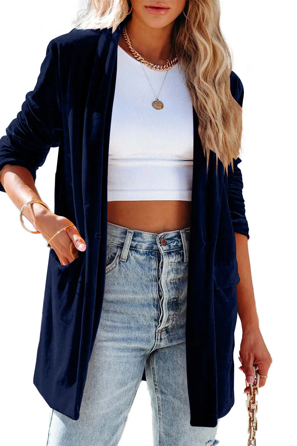 Women's Velvet Blazer Jackets Casual Long Sleeve Lapel Collar Pocketed Blazer Suits Work Outfits