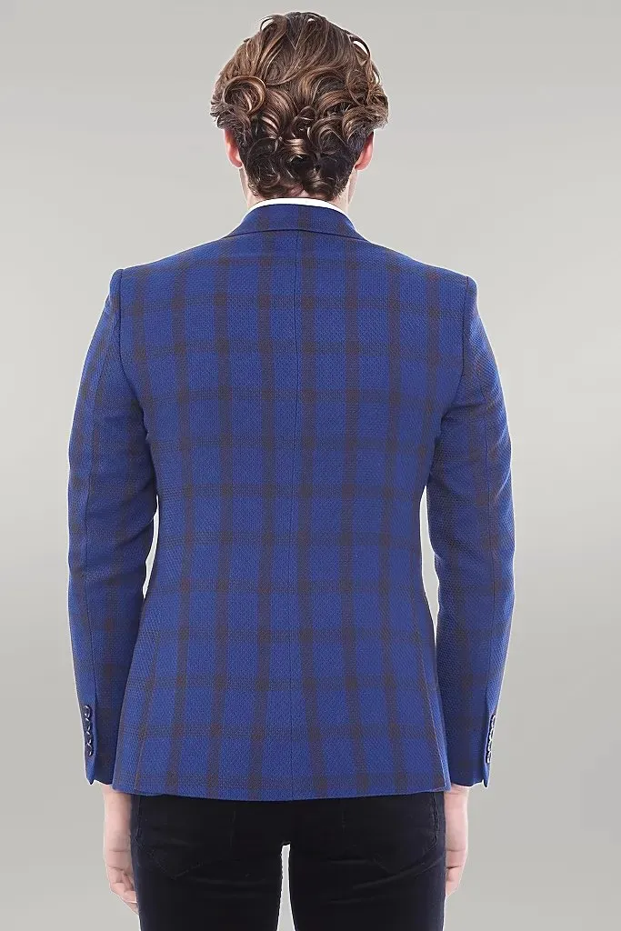 WSS Double Breasted Pointed Collar Plaid Bast Blue Jacket- - Singen