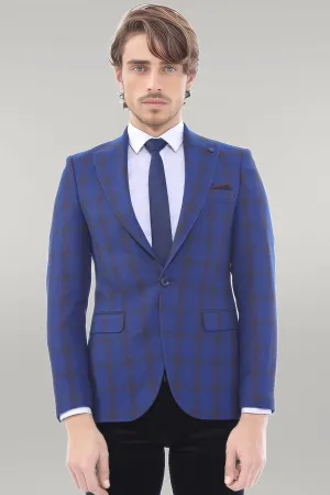 WSS Double Breasted Pointed Collar Plaid Bast Blue Jacket- - Singen