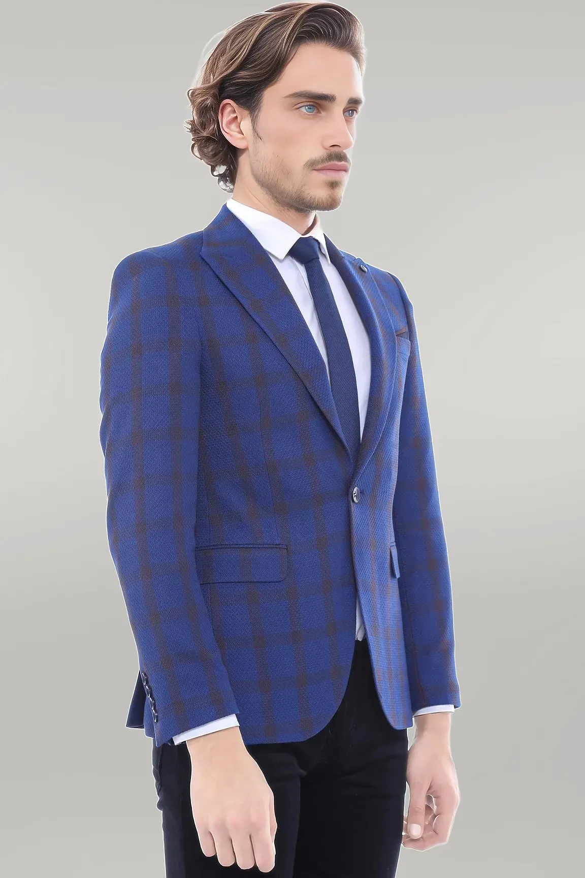 WSS Double Breasted Pointed Collar Plaid Bast Blue Jacket- - Singen