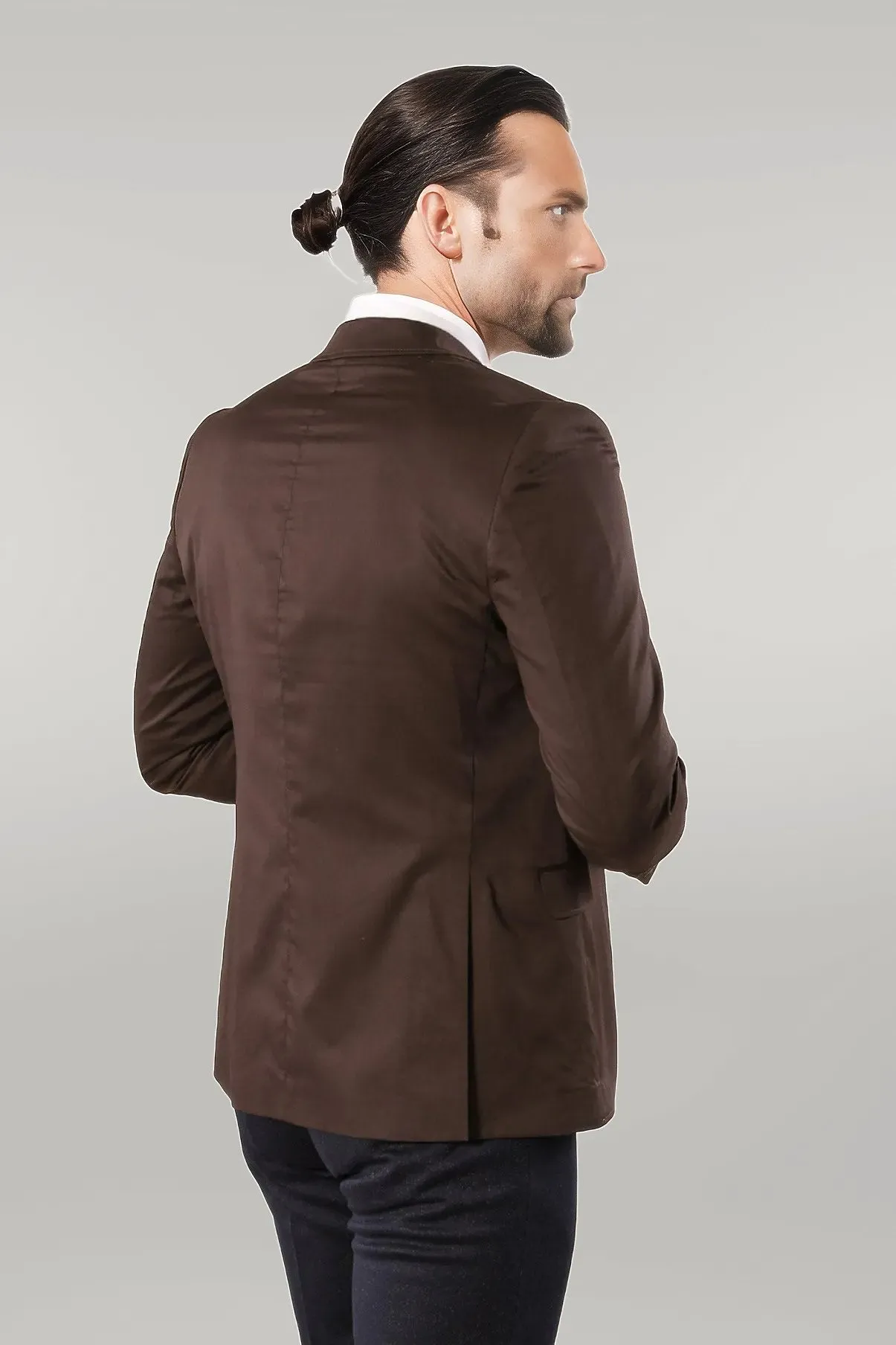 WSS Double Buttons Mono Lapel Shoulder Piece Brown Jacket- - Singen