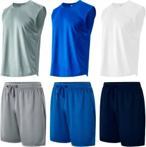 Yasumond Men's Workout Tank Top and Bottom Sets 3 Pack Sleeveless Muscle T-Shirts with 3 Pack Mesh Dry Fit Athletic Shorts for Bodybuilding Gym Active Basketball (SETC 3XL)