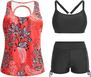 Yonique 3 Piece Womens Tankini Swimsuits with Shorts Athletic Bathing Suits Tank Tops with Bra and Boyshorts
