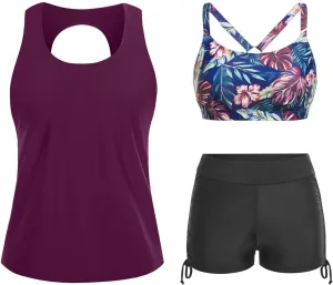 Yonique 3 Piece Womens Tankini Swimsuits with Shorts Athletic Bathing Suits Tank Tops with Bra and Boyshorts