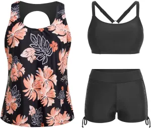 Yonique 3 Piece Womens Tankini Swimsuits with Shorts Athletic Bathing Suits Tank Tops with Bra and Boyshorts