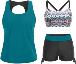 Yonique 3 Piece Womens Tankini Swimsuits with Shorts Athletic Bathing Suits Tank Tops with Bra and Boyshorts