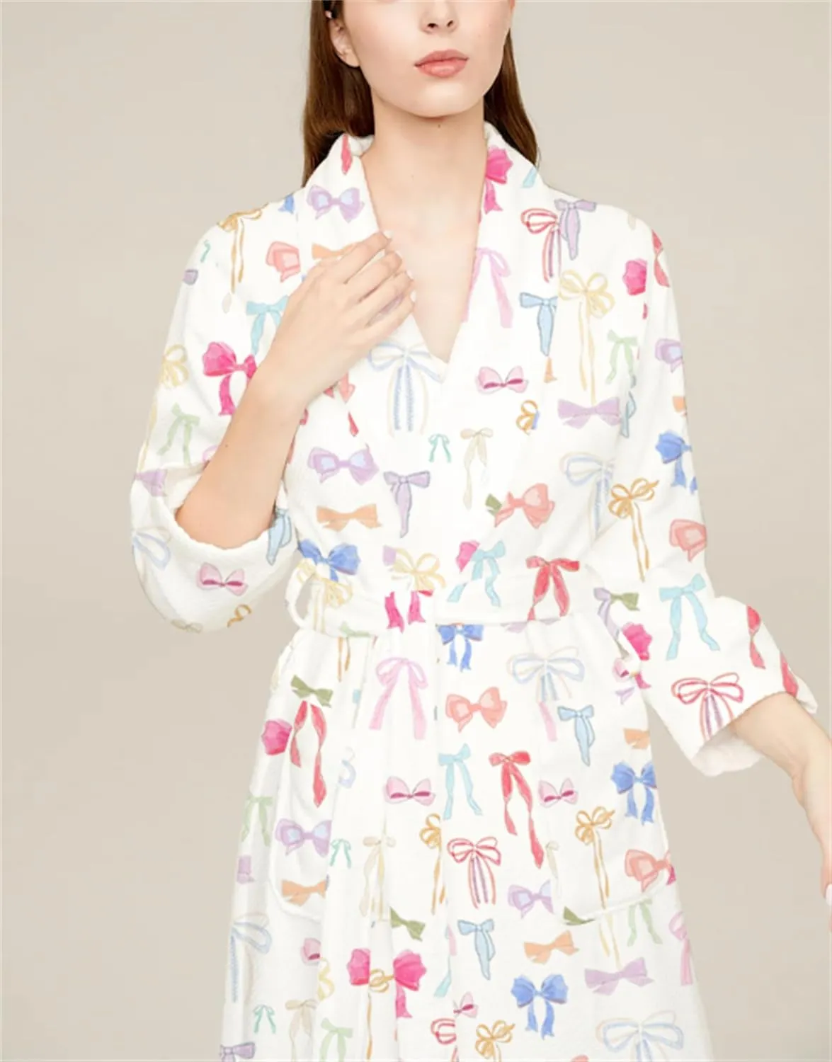 Yuemengxuan Women Y2k Fruit Robe Fleece Shawl Collar Bathrobe with Belt Cozy Spa Long Robe Open front Nightgown Loungewear