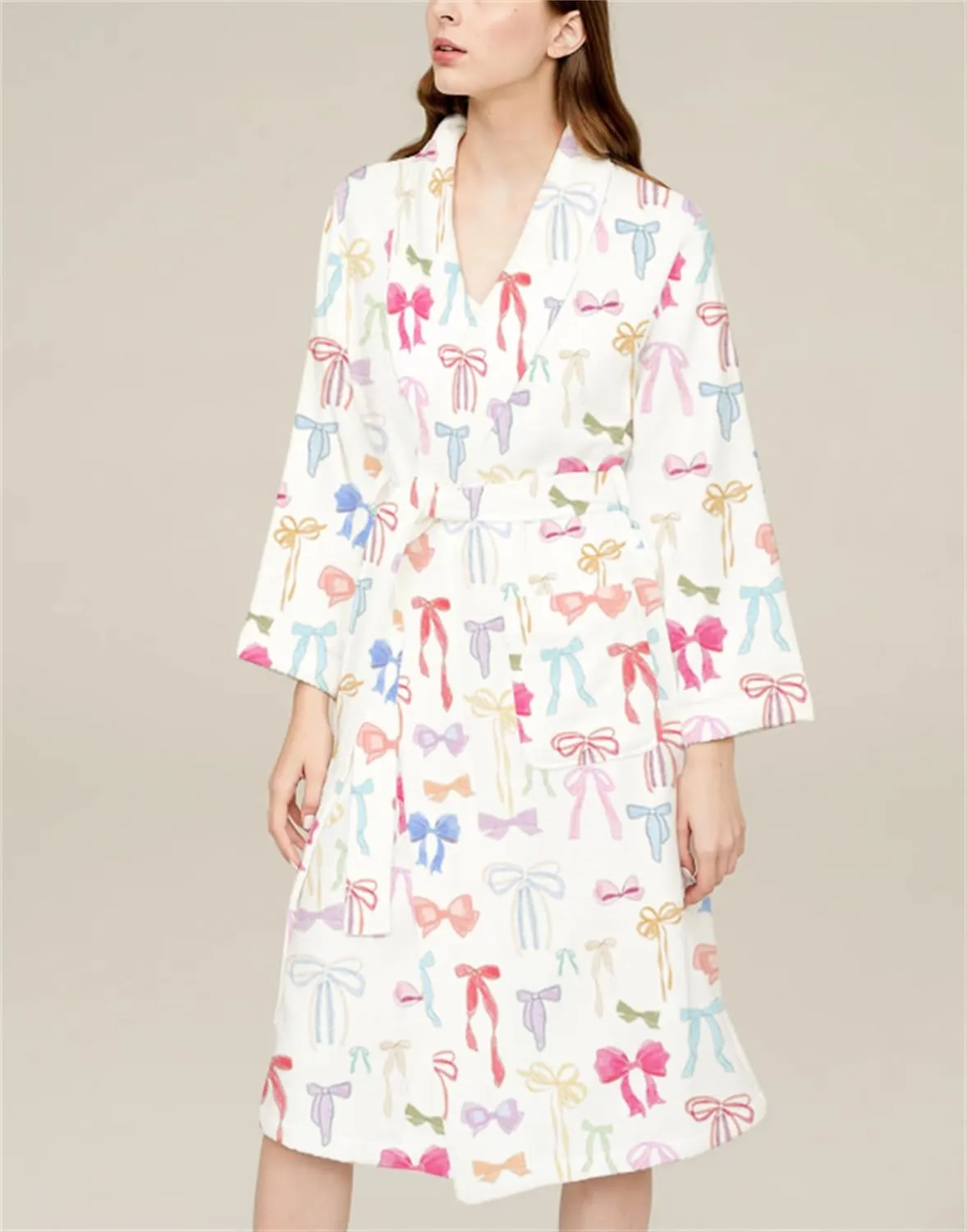 Yuemengxuan Women Y2k Fruit Robe Fleece Shawl Collar Bathrobe with Belt Cozy Spa Long Robe Open front Nightgown Loungewear