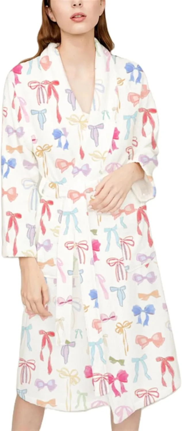 Yuemengxuan Women Y2k Fruit Robe Fleece Shawl Collar Bathrobe with Belt Cozy Spa Long Robe Open front Nightgown Loungewear