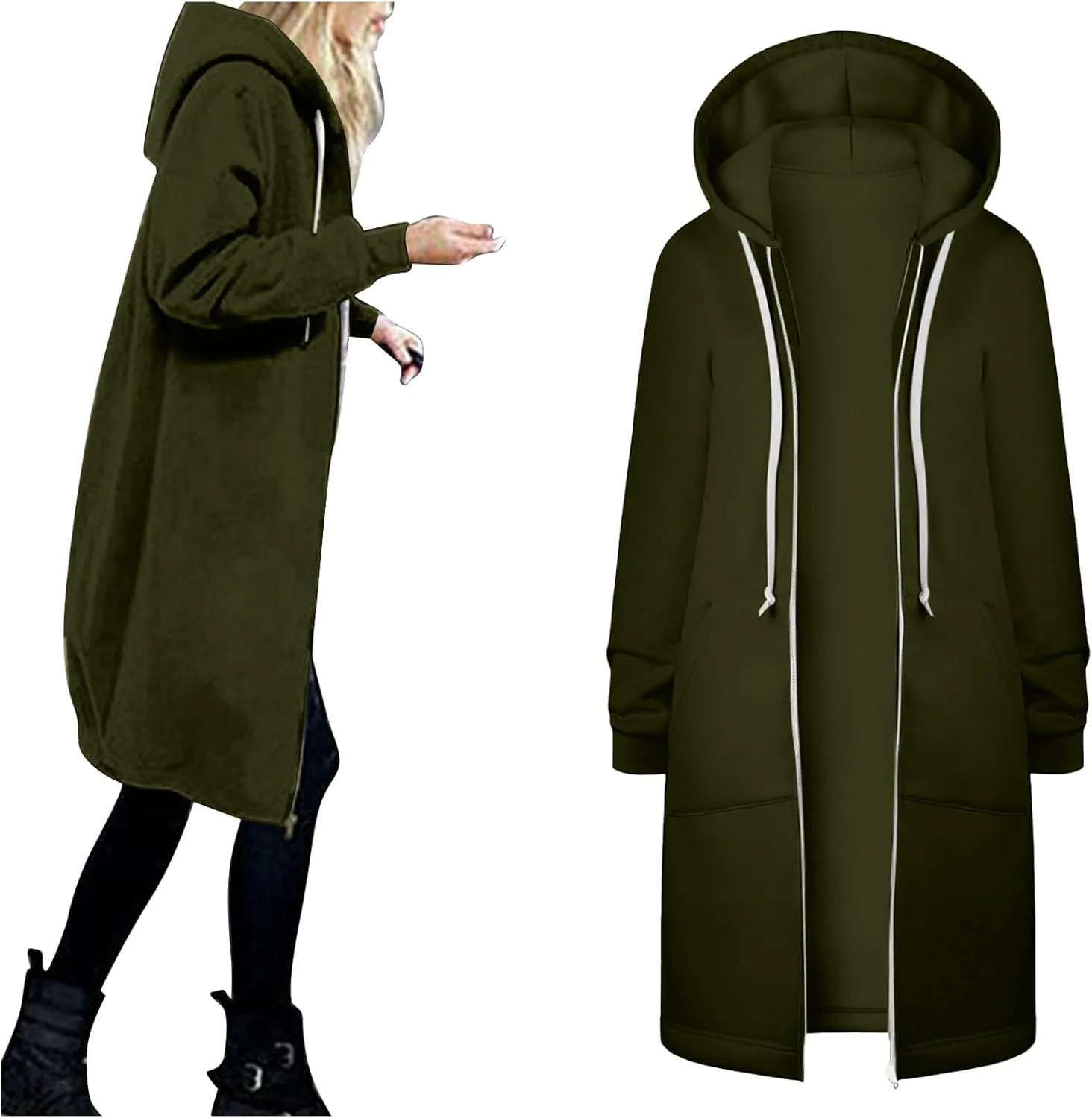 Zip Up Long Hoodies Womens Fleece Long Sleeve Oversized Jacket Fall Lightweight Tunic Hooded Sweatshirt with Pockets