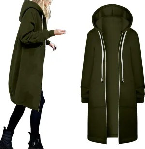 Zip Up Long Hoodies Womens Fleece Long Sleeve Oversized Jacket Fall Lightweight Tunic Hooded Sweatshirt with Pockets