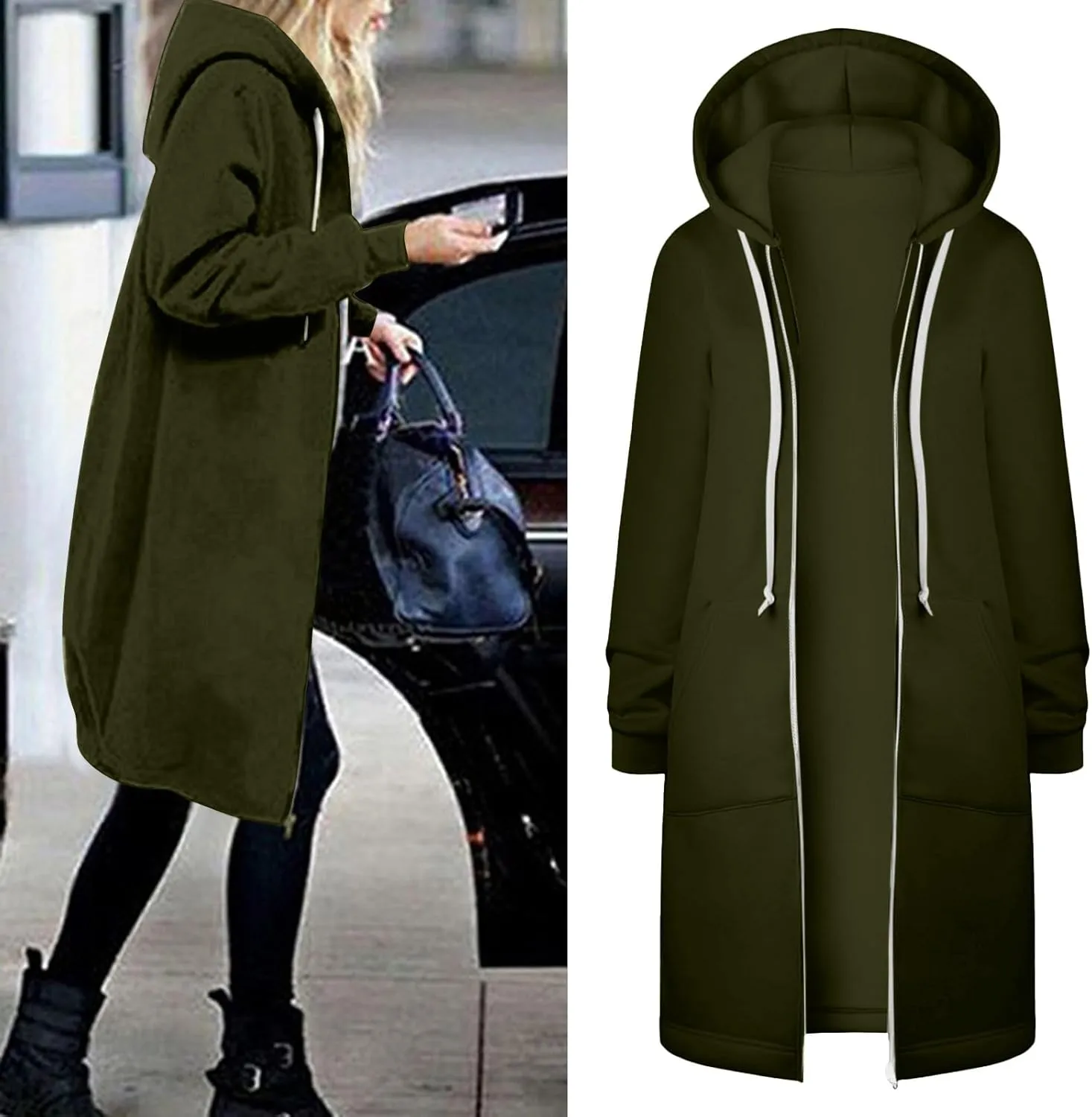 Zip Up Long Hoodies Womens Fleece Long Sleeve Oversized Jacket Fall Lightweight Tunic Hooded Sweatshirt with Pockets