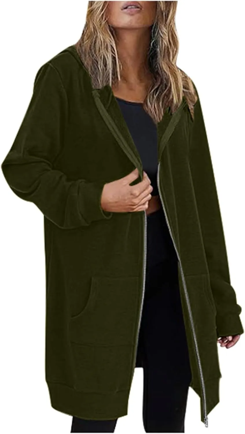 Zip Up Long Hoodies Womens Fleece Long Sleeve Oversized Jacket Fall Lightweight Tunic Hooded Sweatshirt with Pockets