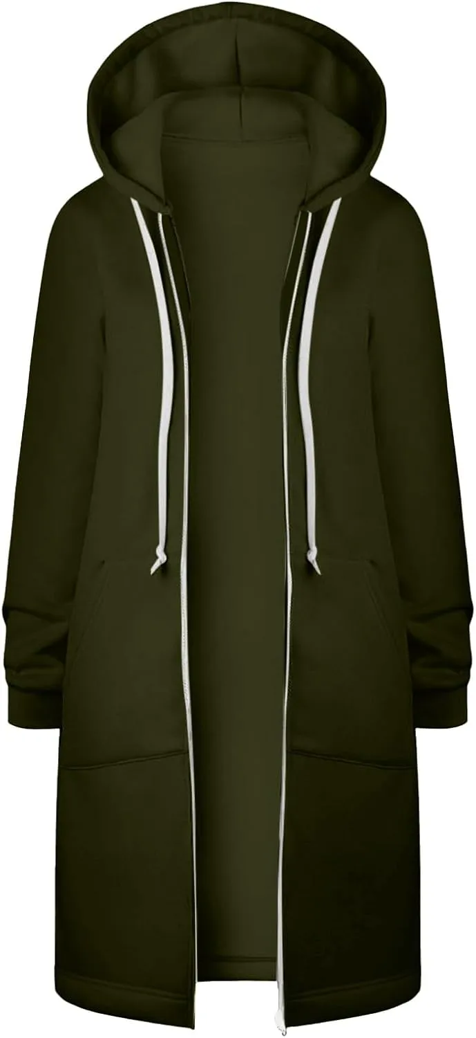 Zip Up Long Hoodies Womens Fleece Long Sleeve Oversized Jacket Fall Lightweight Tunic Hooded Sweatshirt with Pockets